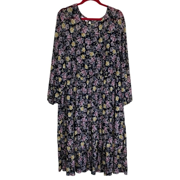 Maurices Plus Size Floral Mesh Midi Dress Tiered Black Multicolor Roses Sz 4X - Picture 3 of 16